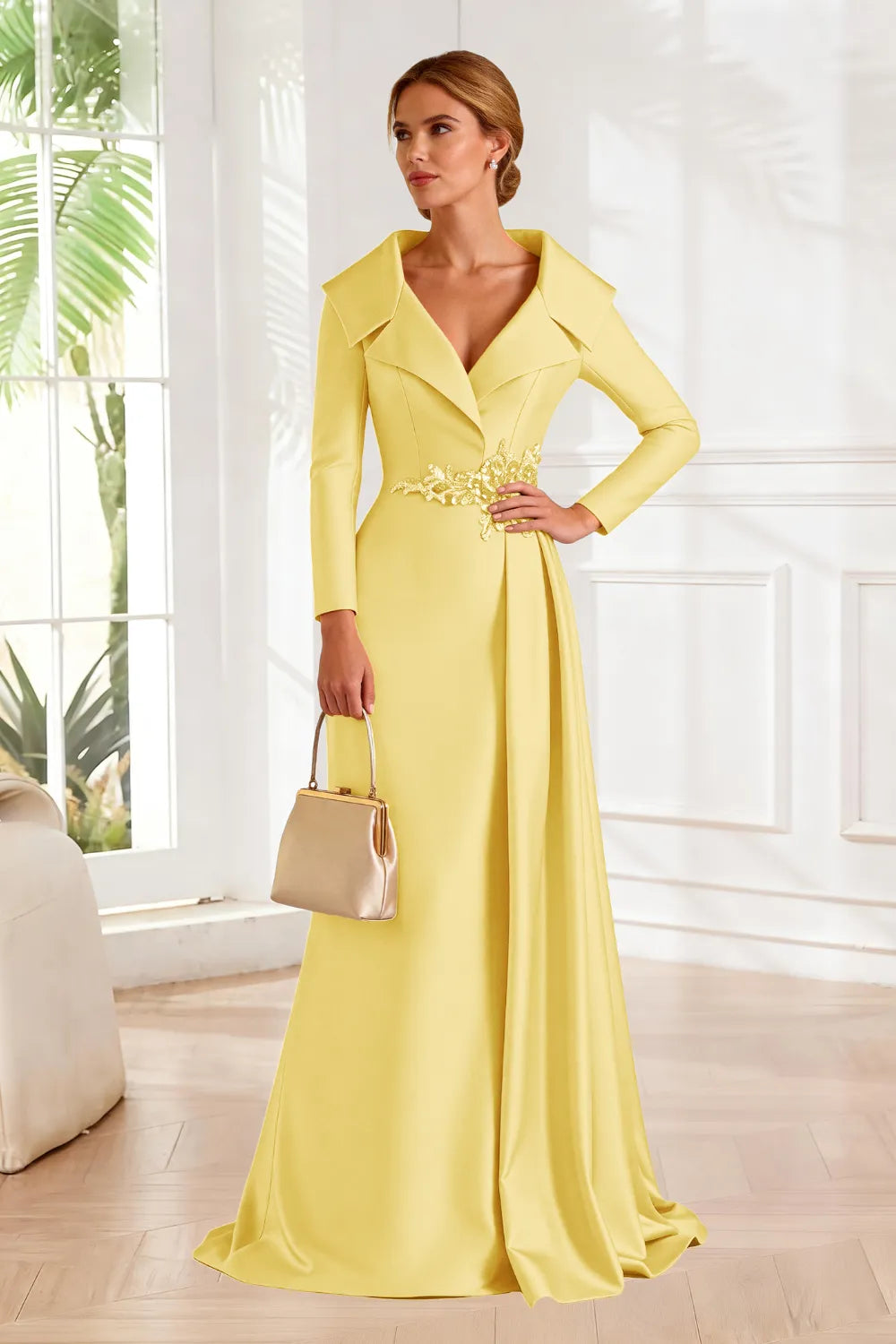Structured Lapel Embroidered Draped Evening Gown