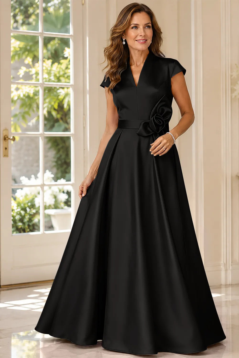 Refined V-Neck Draped Waist Evening Gown