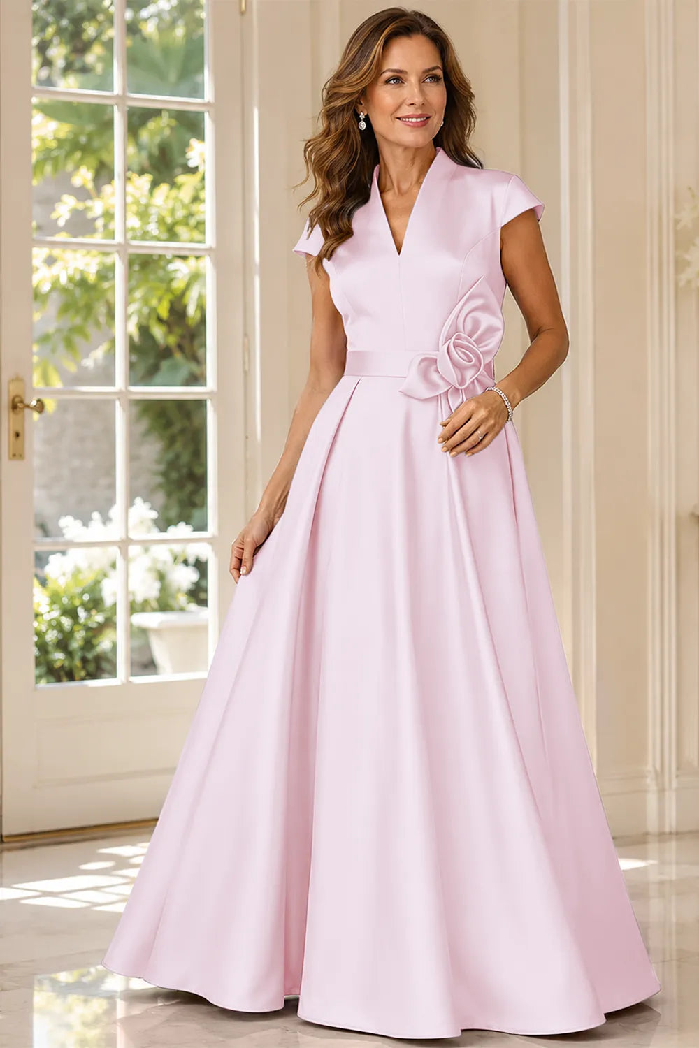 Refined V-Neck Draped Waist Evening Gown