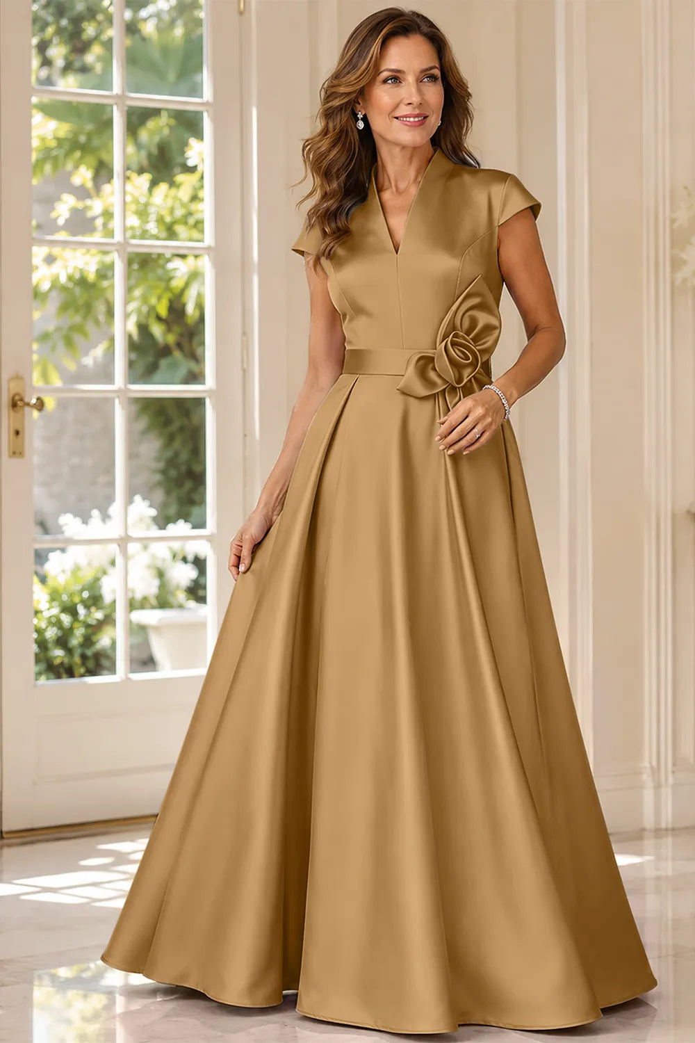 Refined V-Neck Draped Waist Evening Gown