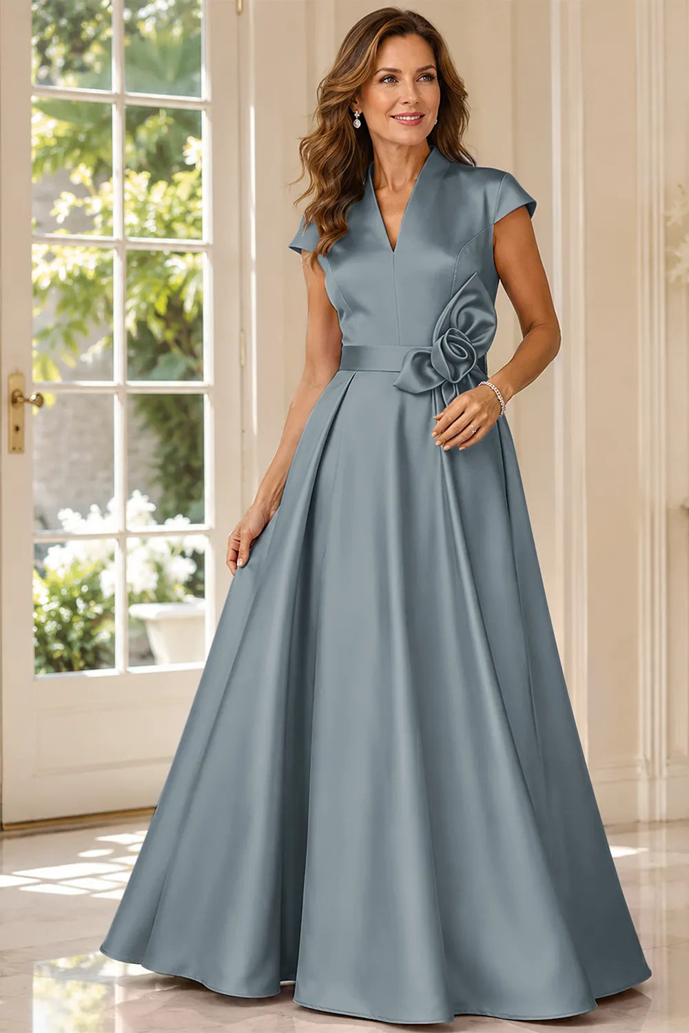 Refined V-Neck Draped Waist Evening Gown