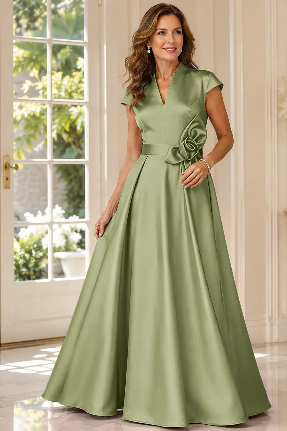 Refined V-Neck Draped Waist Evening Gown