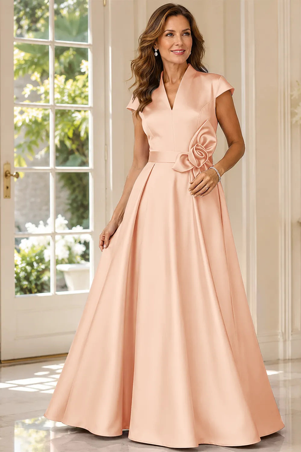 Refined V-Neck Draped Waist Evening Gown