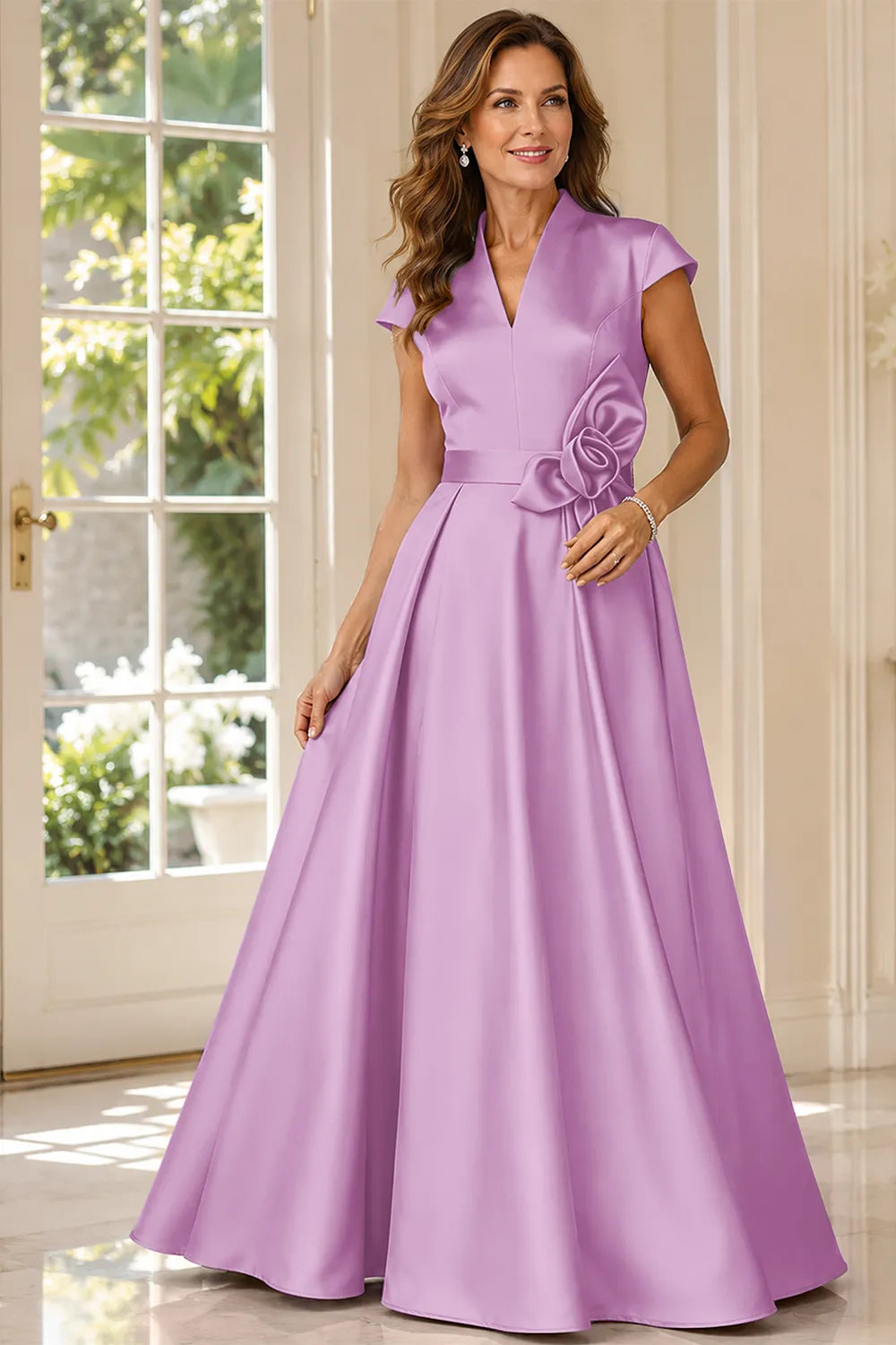 Refined V-Neck Draped Waist Evening Gown