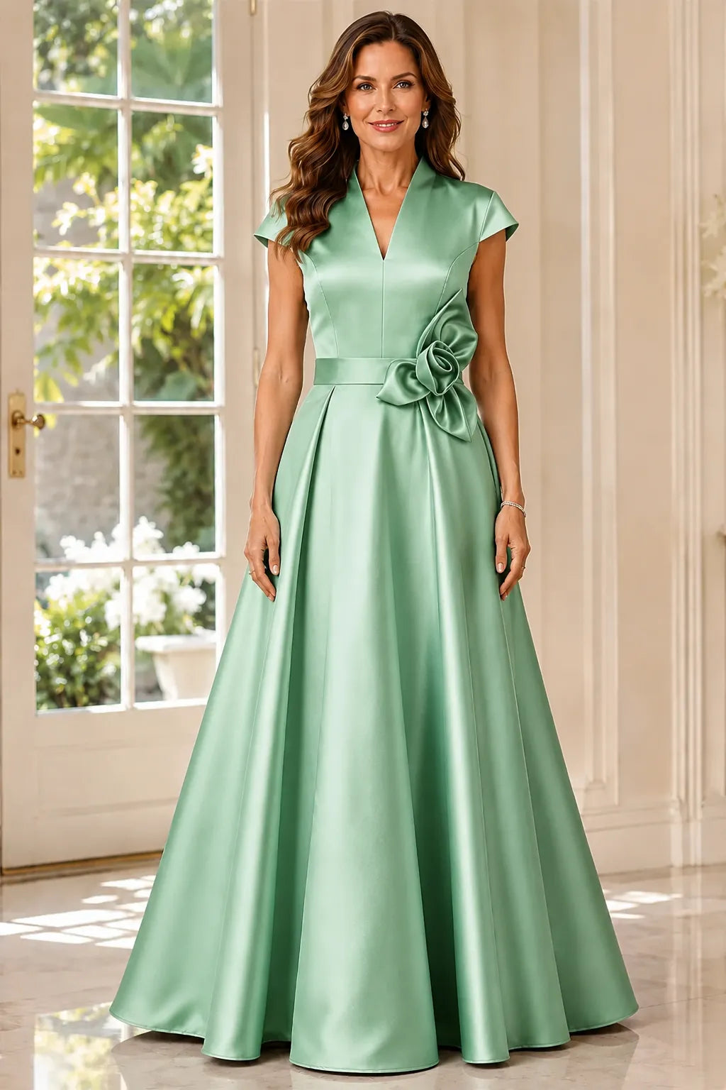 Refined V-Neck Draped Waist Evening Gown