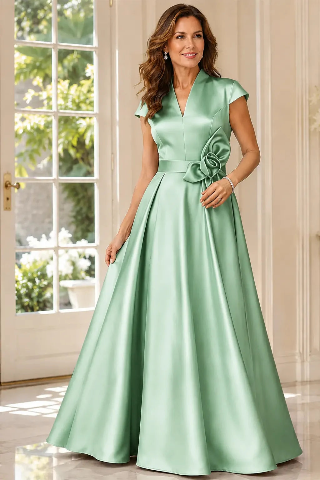 Refined V-Neck Draped Waist Evening Gown