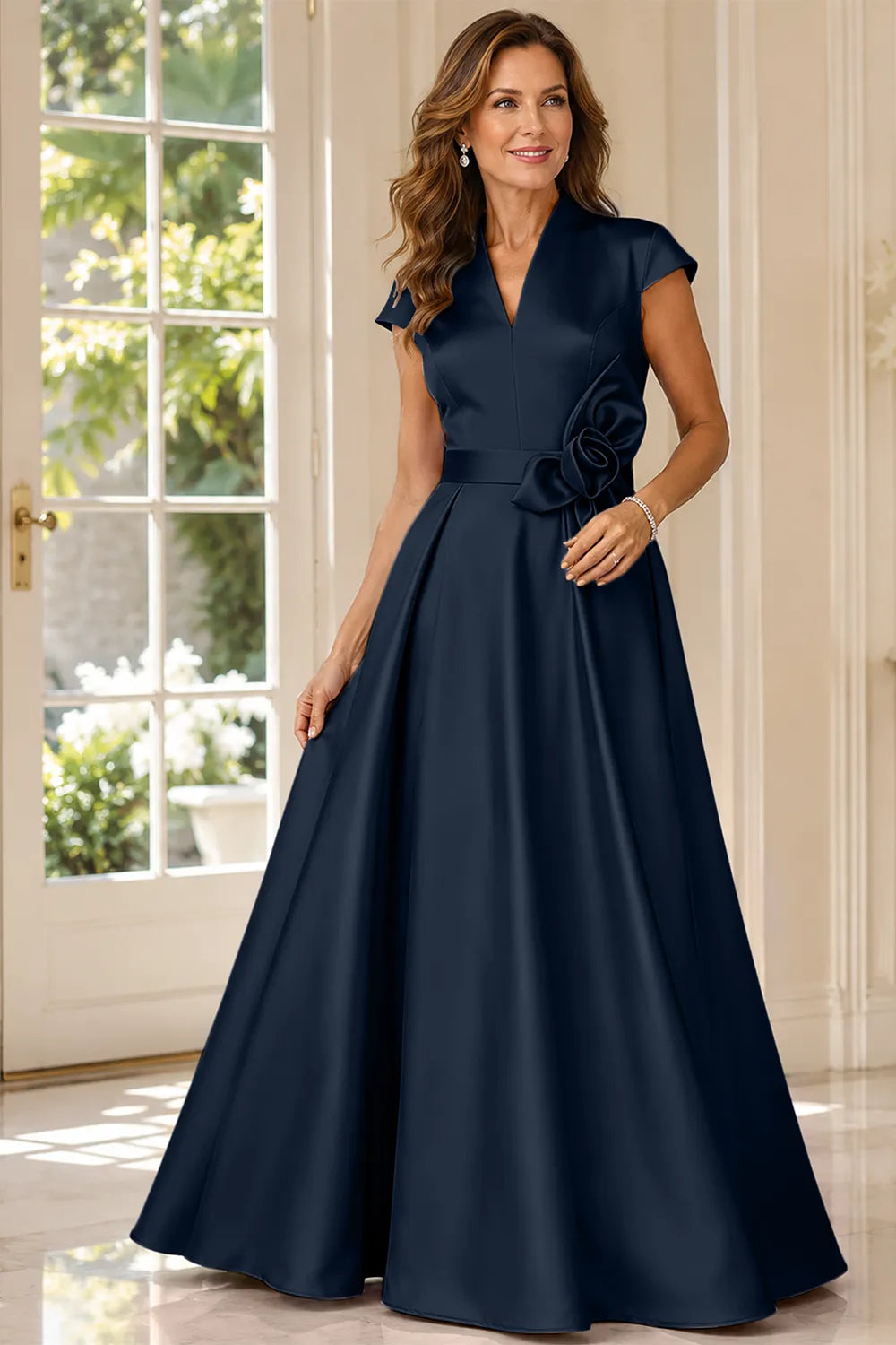 Refined V-Neck Draped Waist Evening Gown