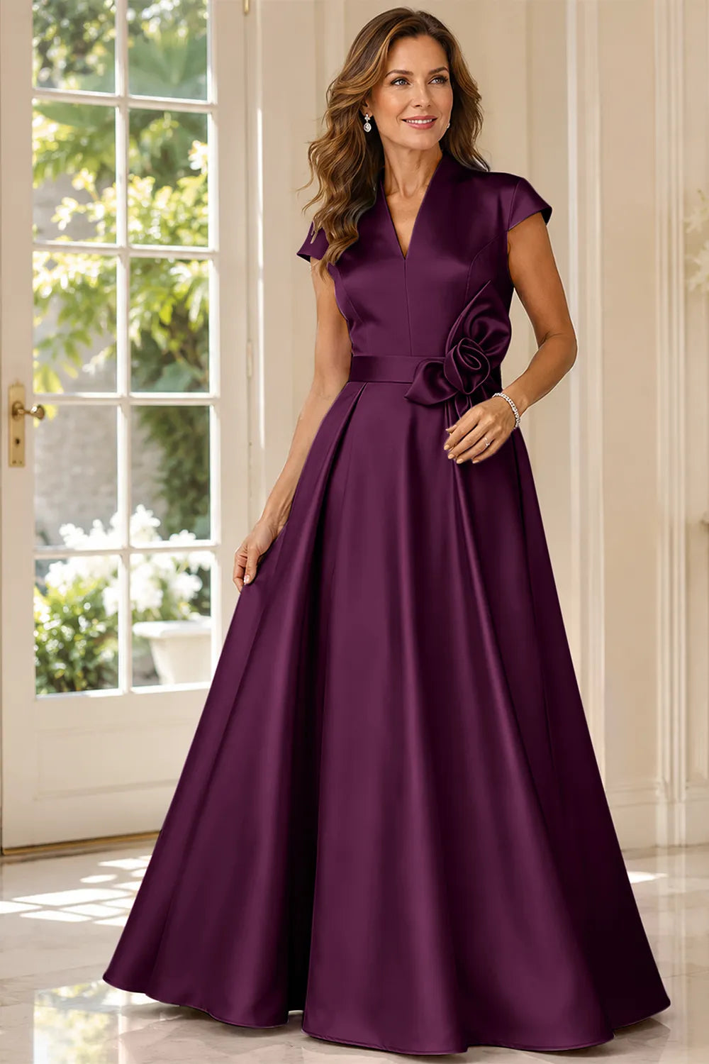 Refined V-Neck Draped Waist Evening Gown