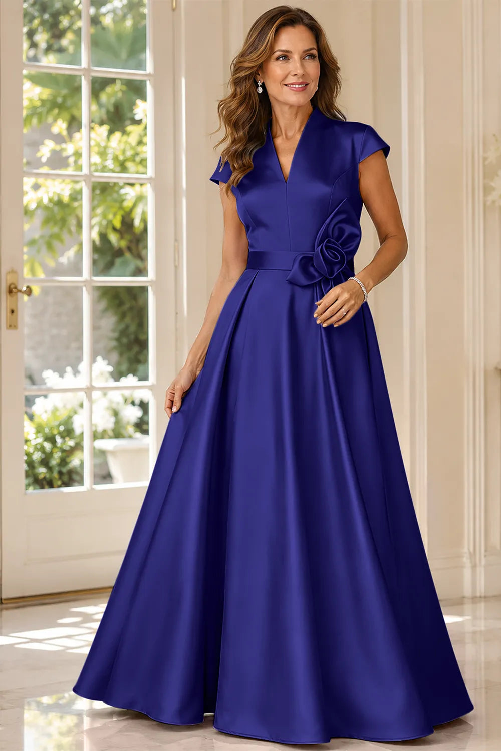 Refined V-Neck Draped Waist Evening Gown