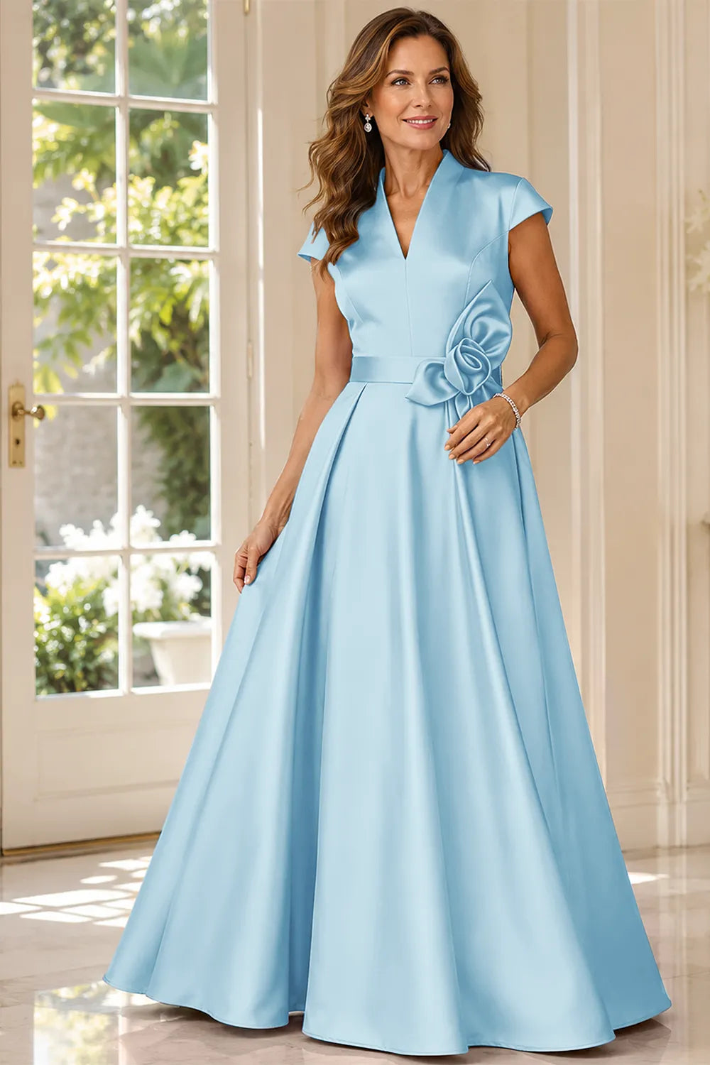 Refined V-Neck Draped Waist Evening Gown