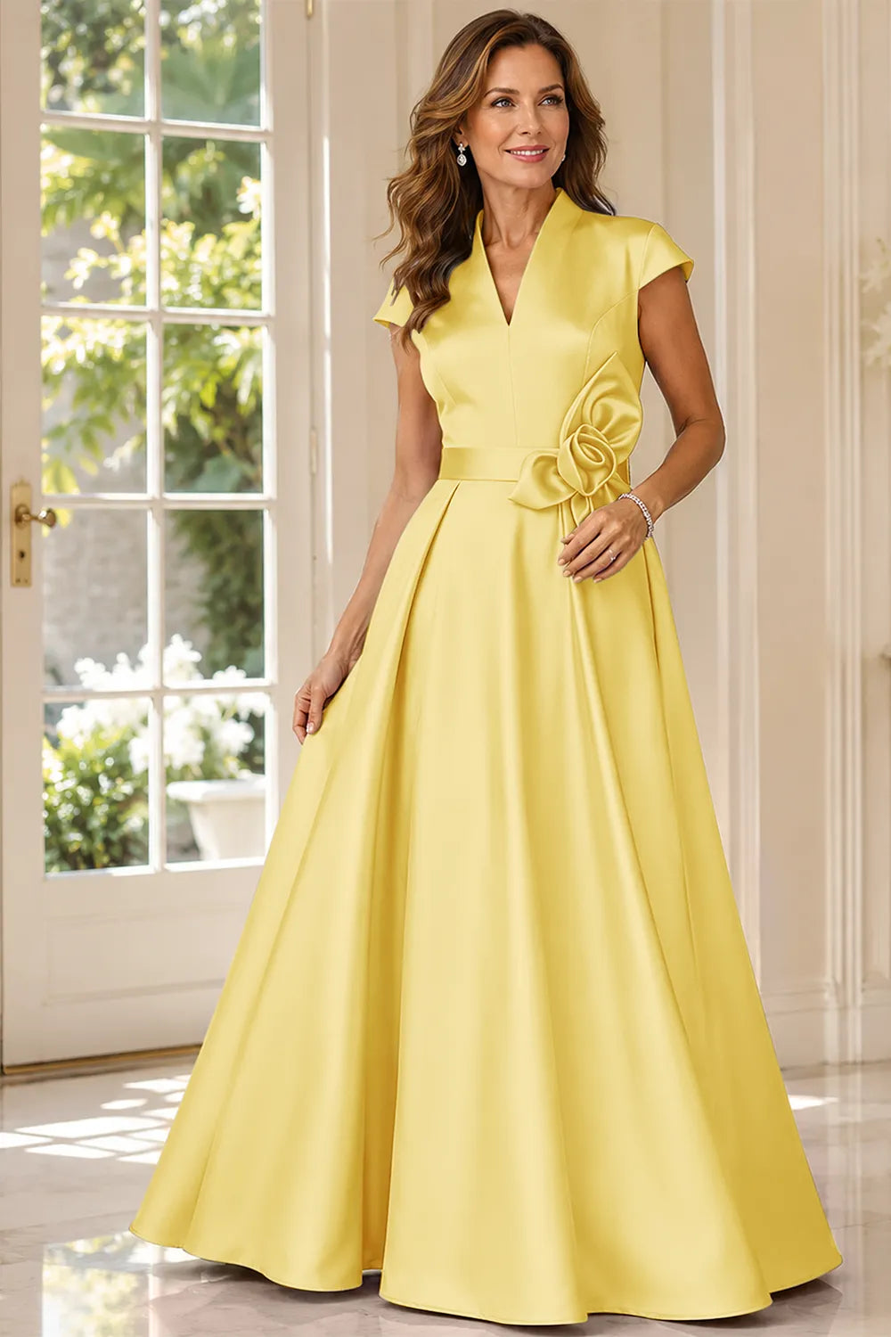 Refined V-Neck Draped Waist Evening Gown