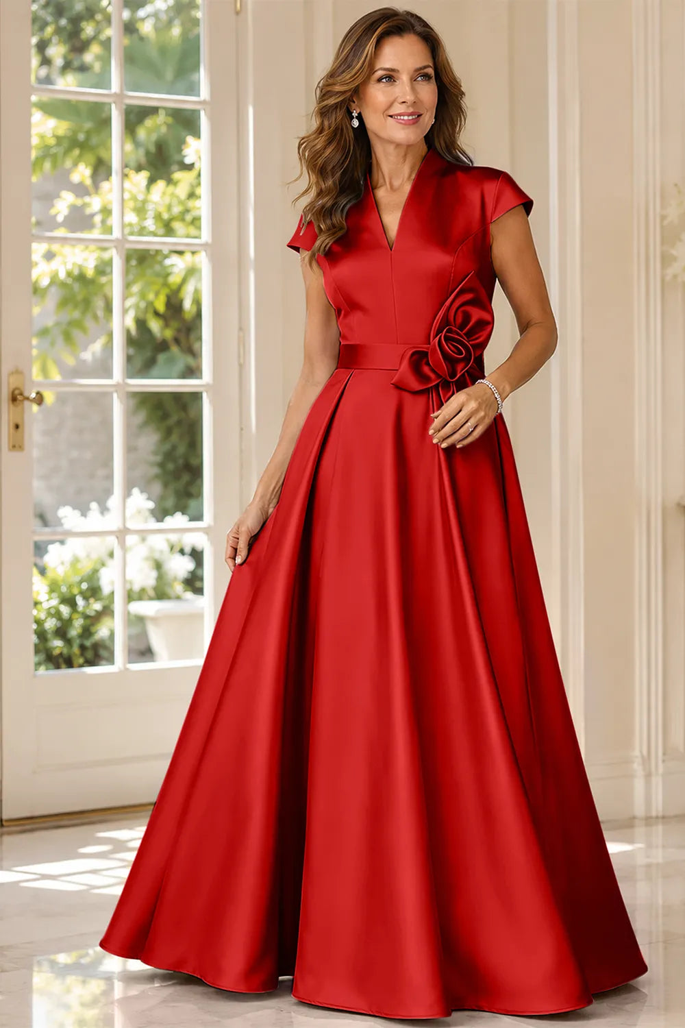 Refined V-Neck Draped Waist Evening Gown