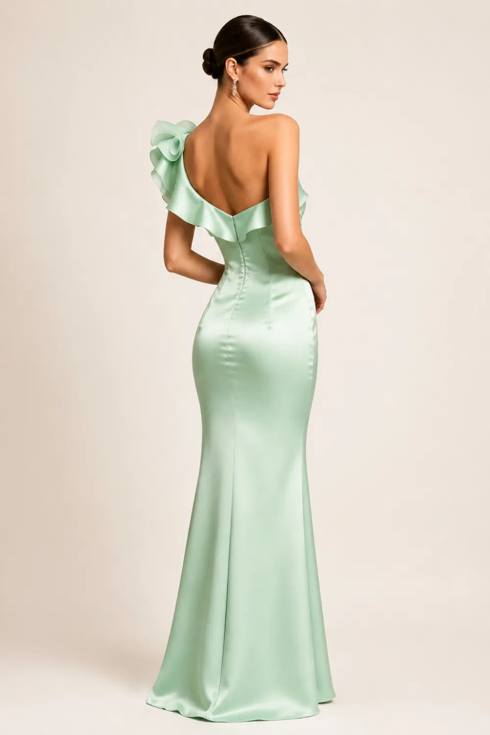 One Shoulder Satin Maxi Dress with Ruffle Detail