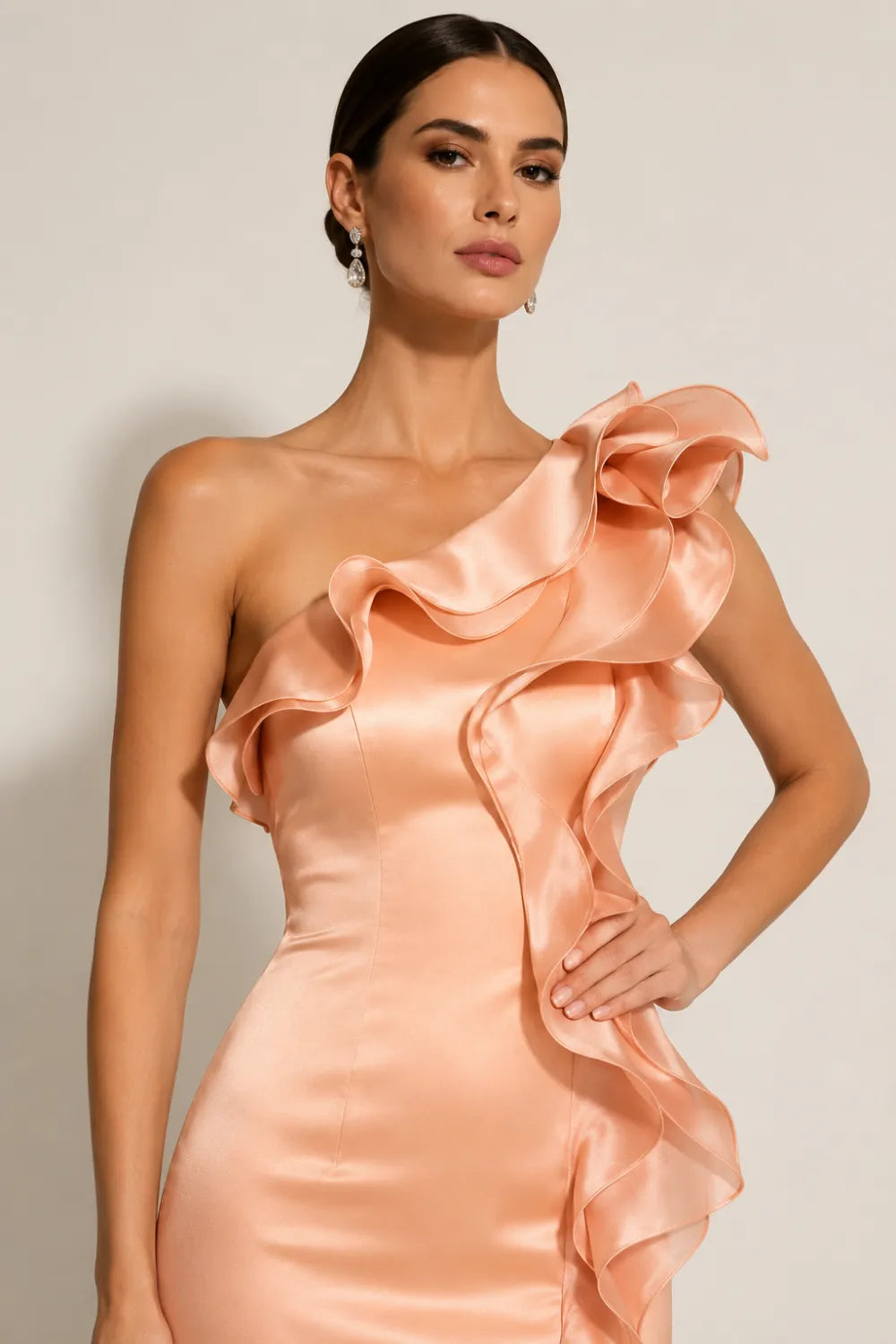 One Shoulder Satin Maxi Dress with Ruffle Detail