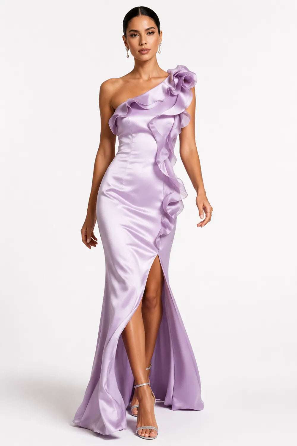 One Shoulder Satin Maxi Dress with Ruffle Detail