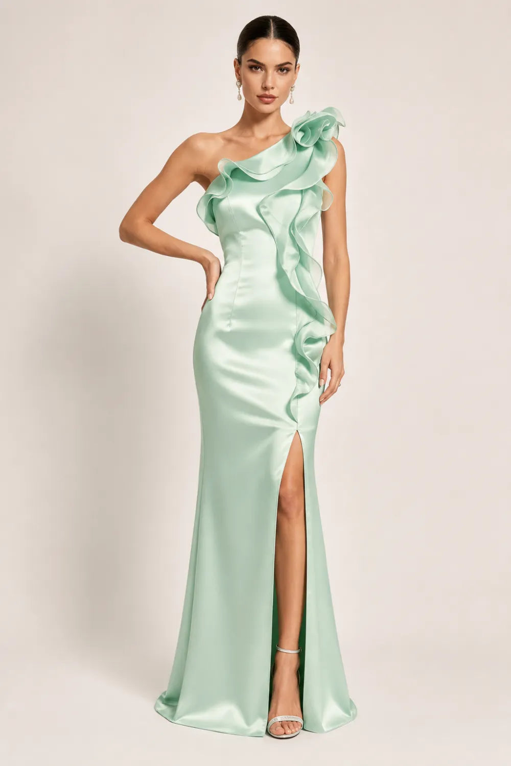 One Shoulder Satin Maxi Dress with Ruffle Detail
