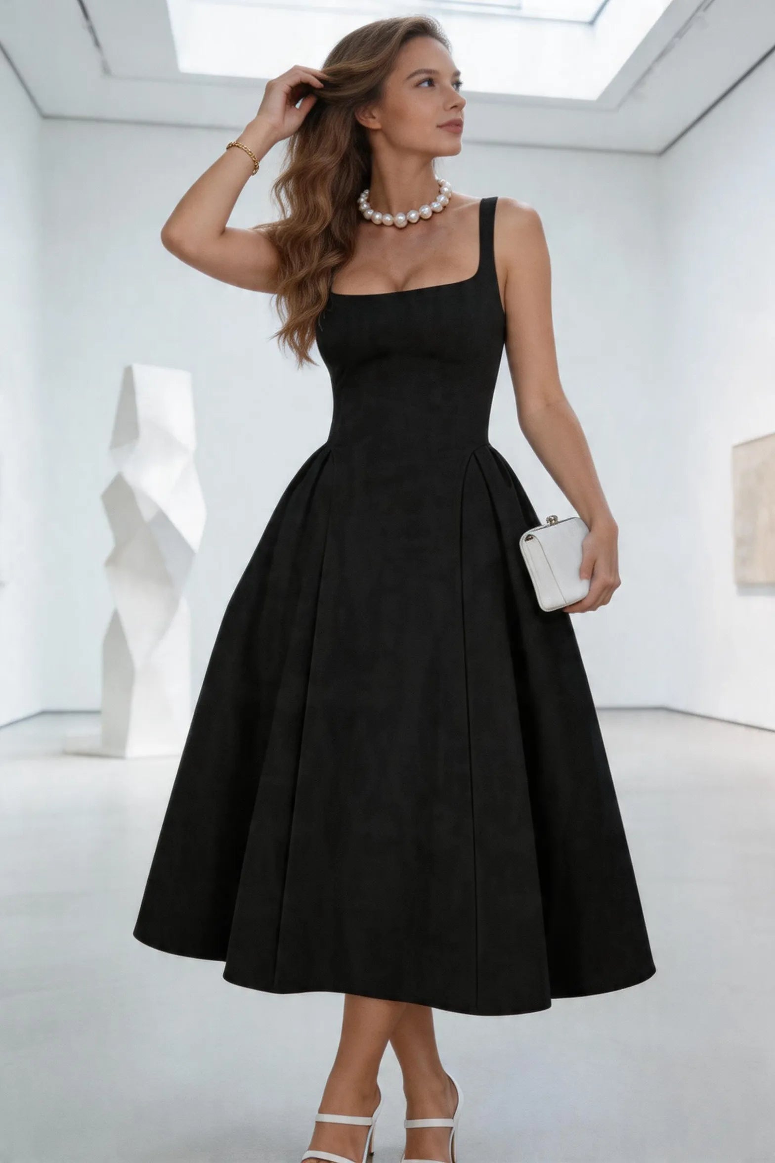 Elegant Square Neck A-Line Midi Dress