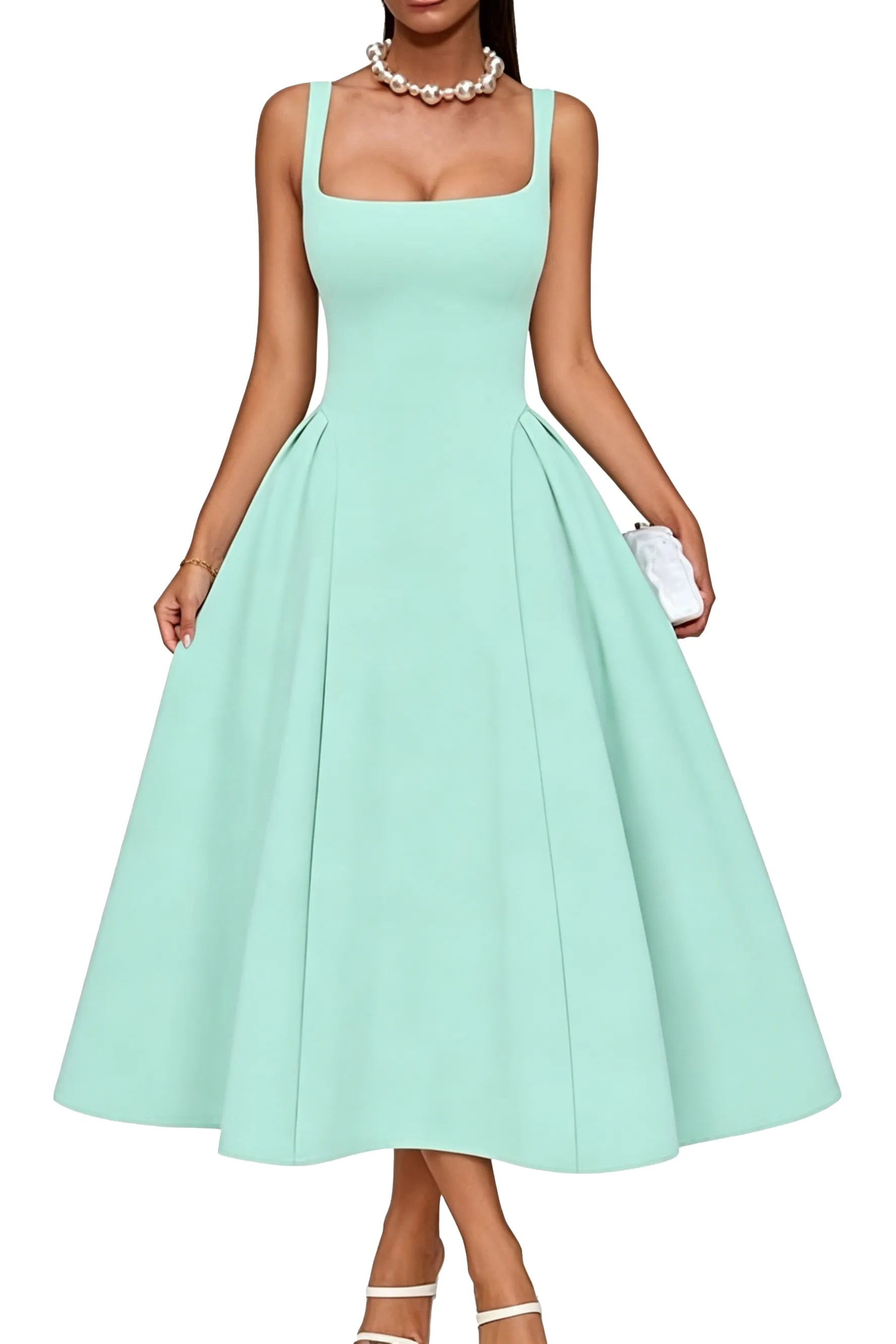 Elegant Square Neck A-Line Midi Dress