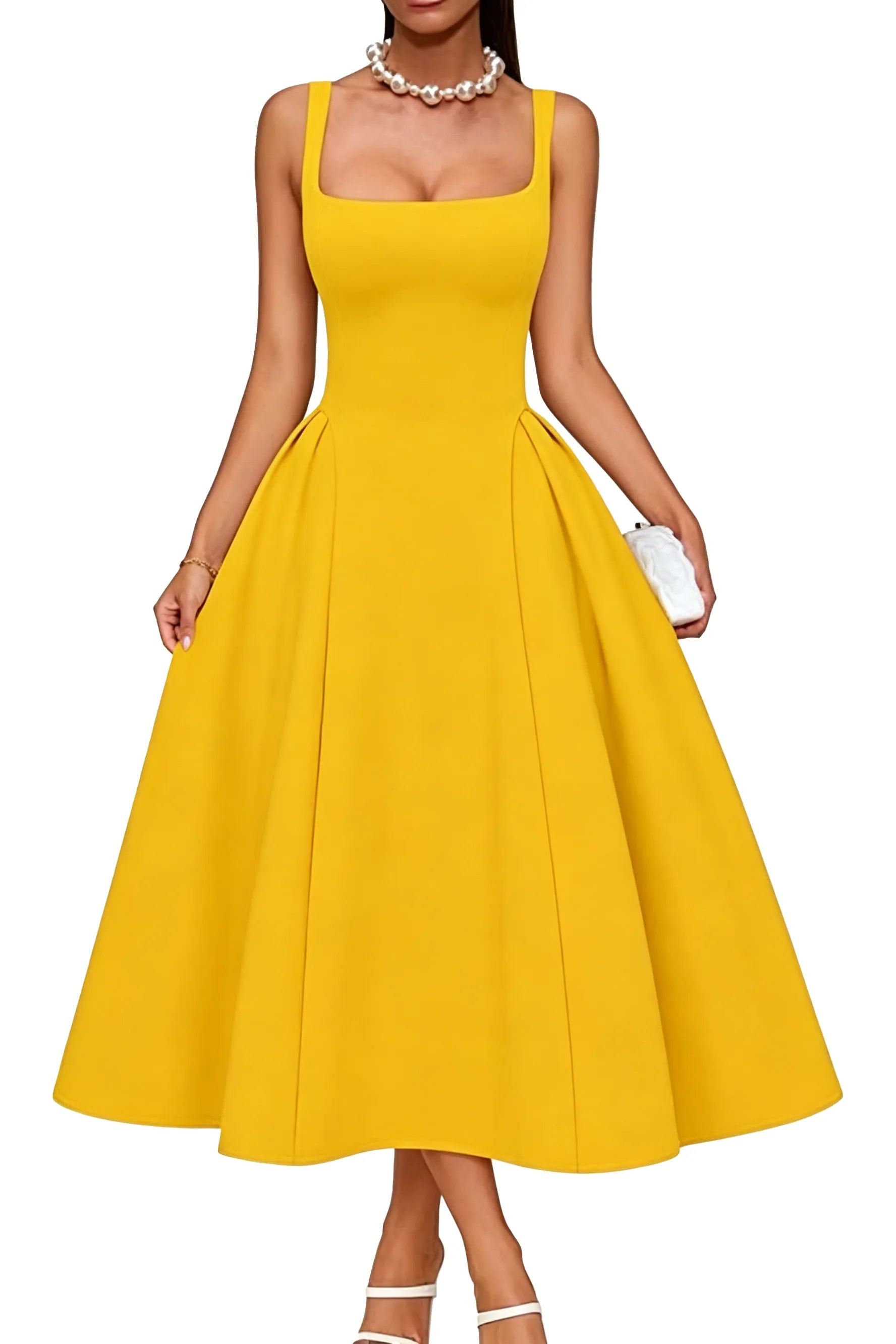 Elegant Square Neck A-Line Midi Dress