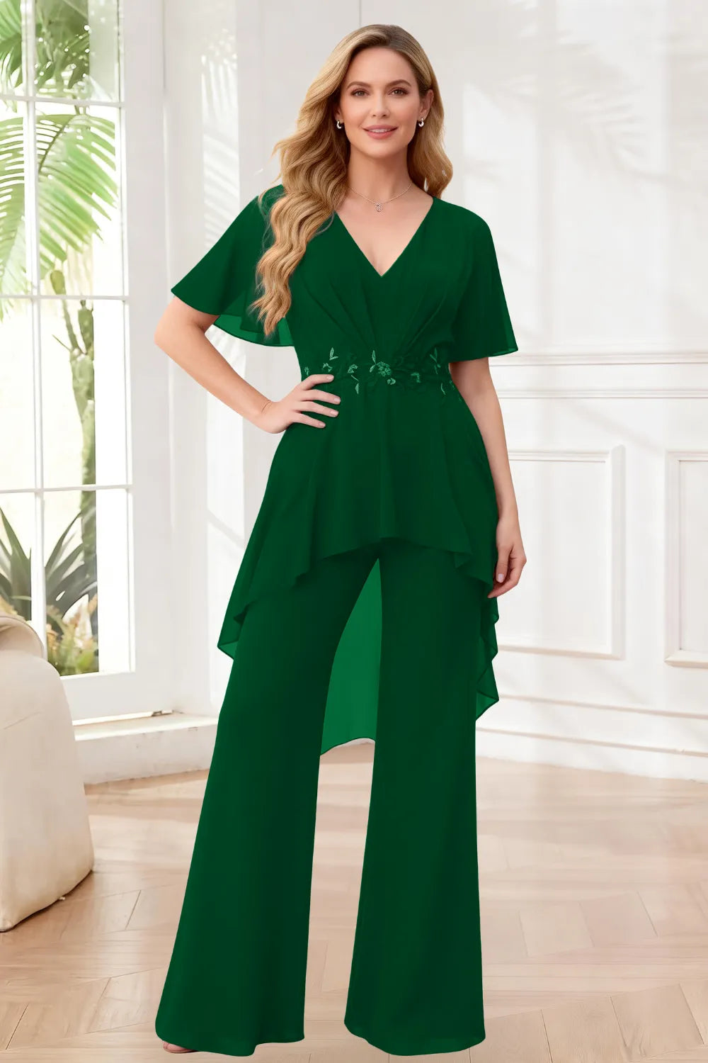 Formal Wide Leg Jumpsuit with Flowing Chiffon Top