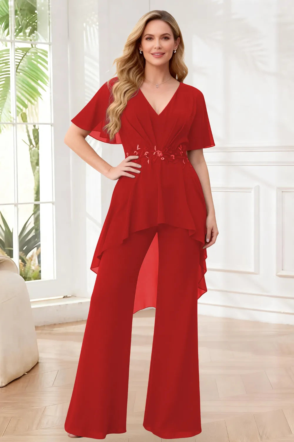 Formal Wide Leg Jumpsuit with Flowing Chiffon Top