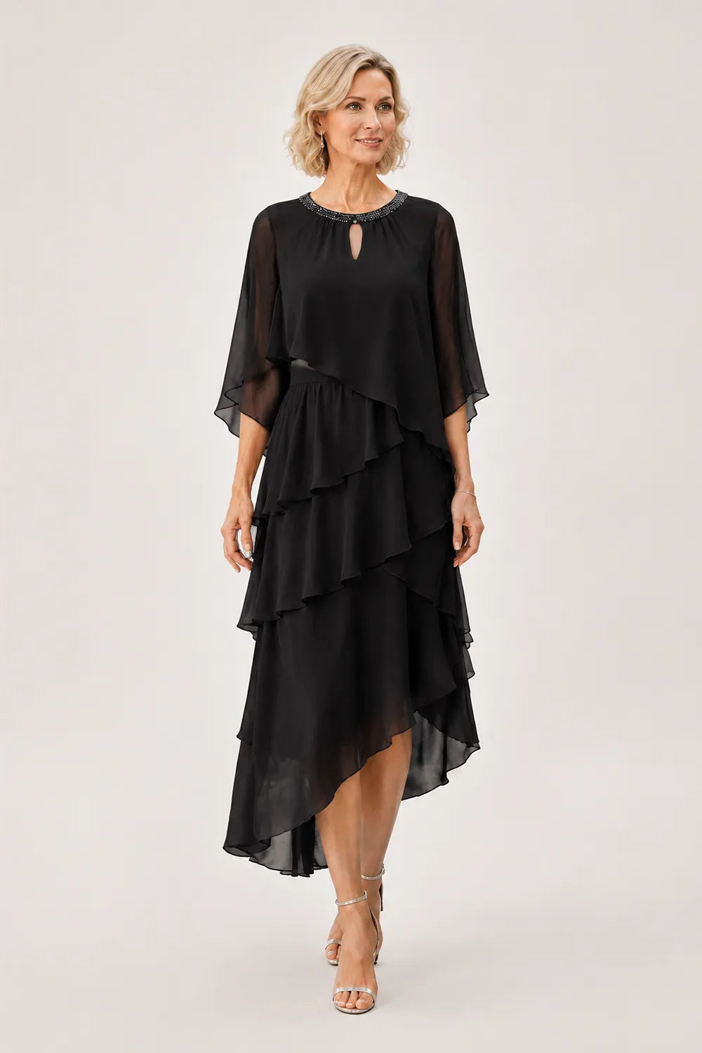 Flowing Ruffle Cape Formal Dress