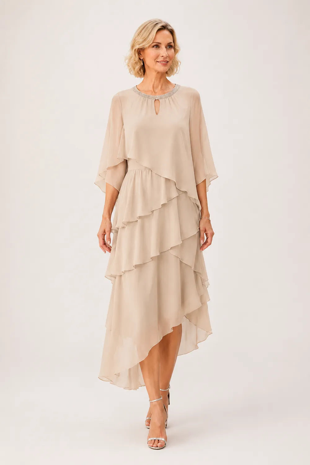 Flowing Ruffle Cape Formal Dress