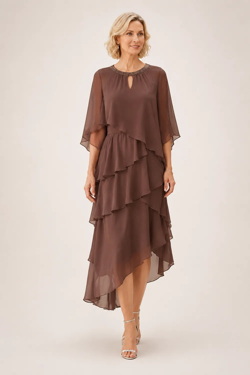 Flowing Ruffle Cape Formal Dress
