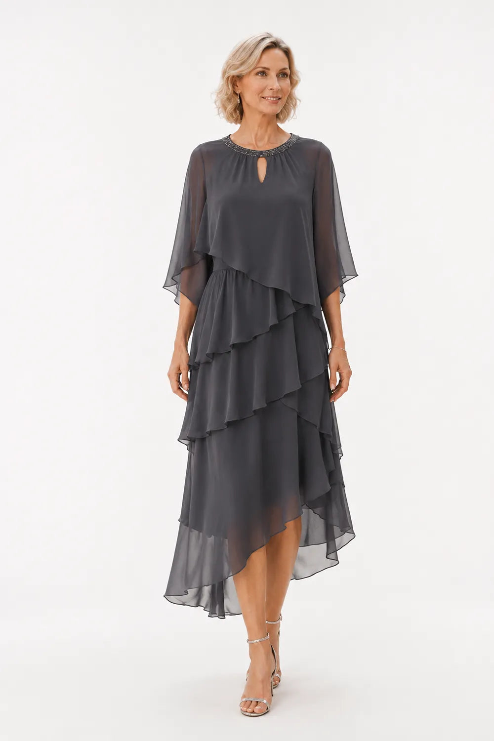 Flowing Ruffle Cape Formal Dress
