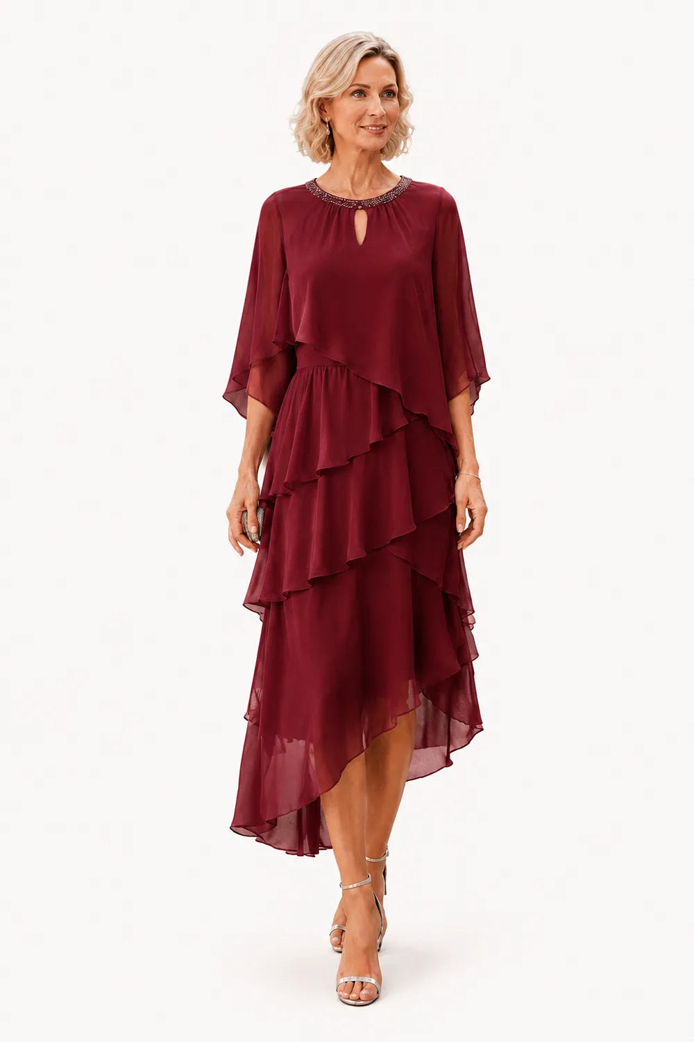 Flowing Ruffle Cape Formal Dress