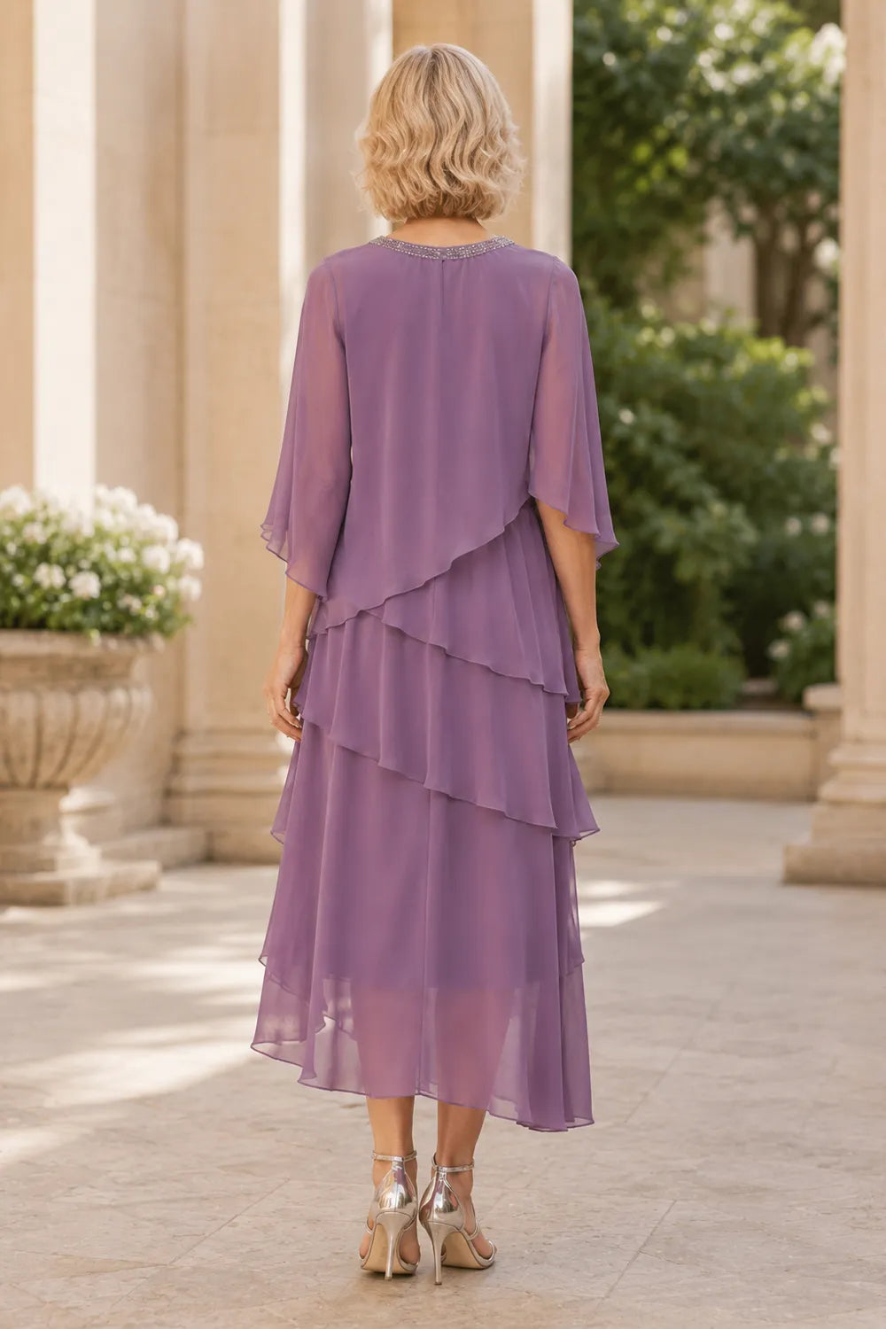 Flowing Ruffle Cape Formal Dress