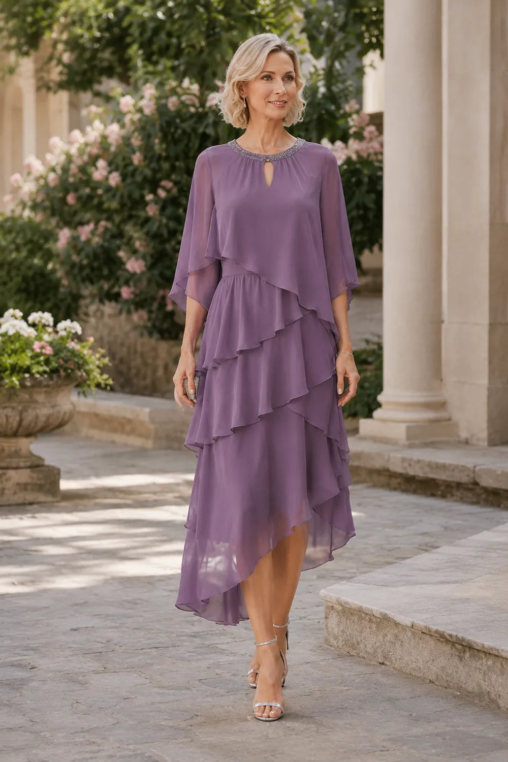 Flowing Ruffle Cape Formal Dress