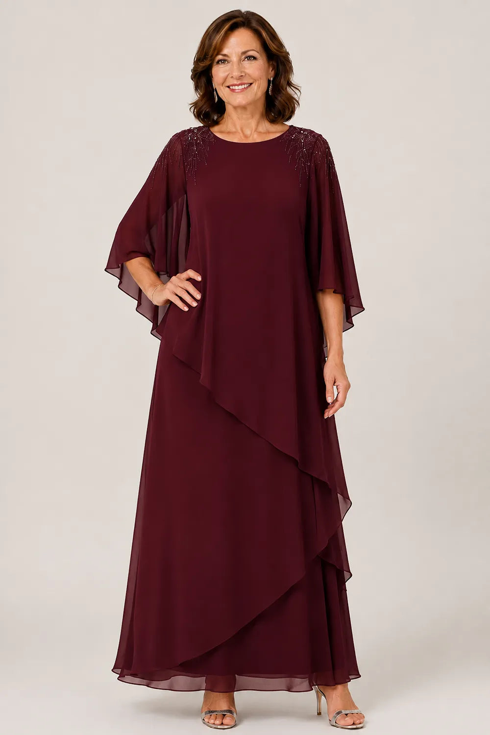 Beaded Shoulder Cape Sleeve Formal Gown