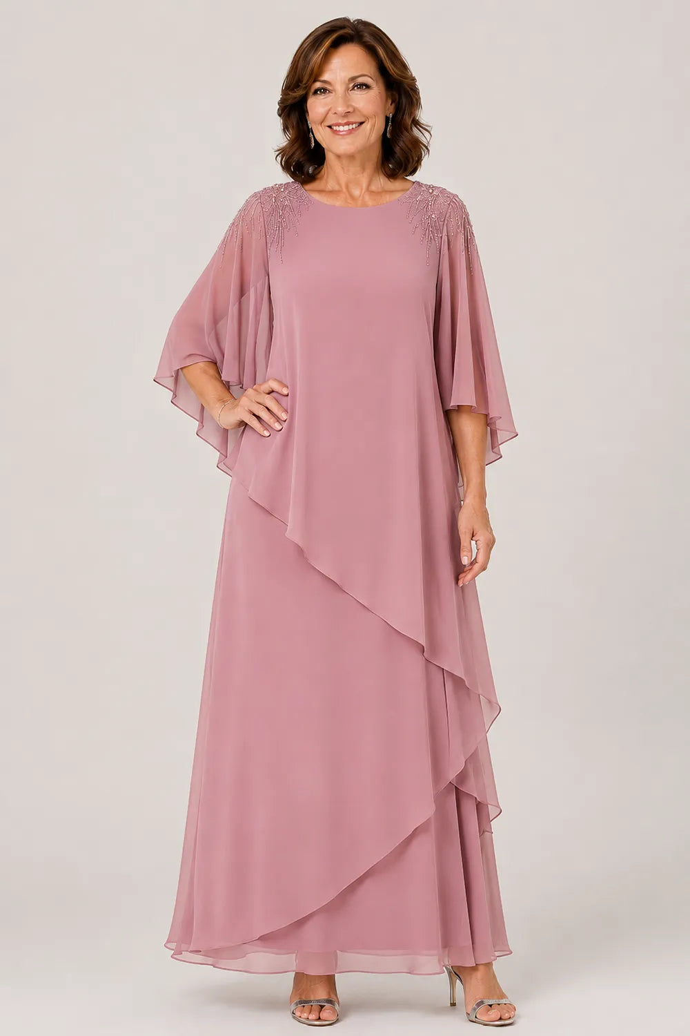 Beaded Shoulder Cape Sleeve Formal Gown