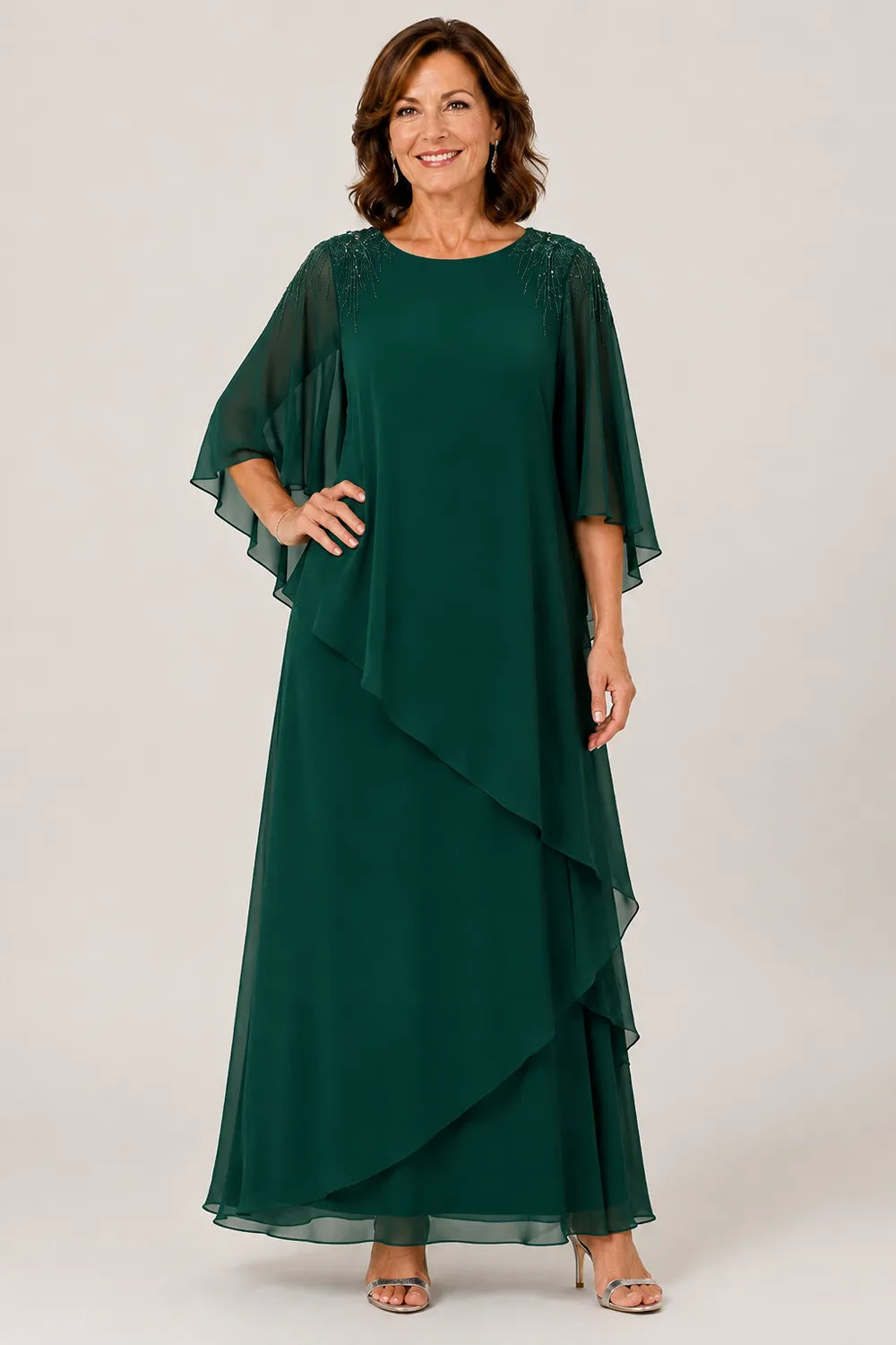 Beaded Shoulder Cape Sleeve Formal Gown
