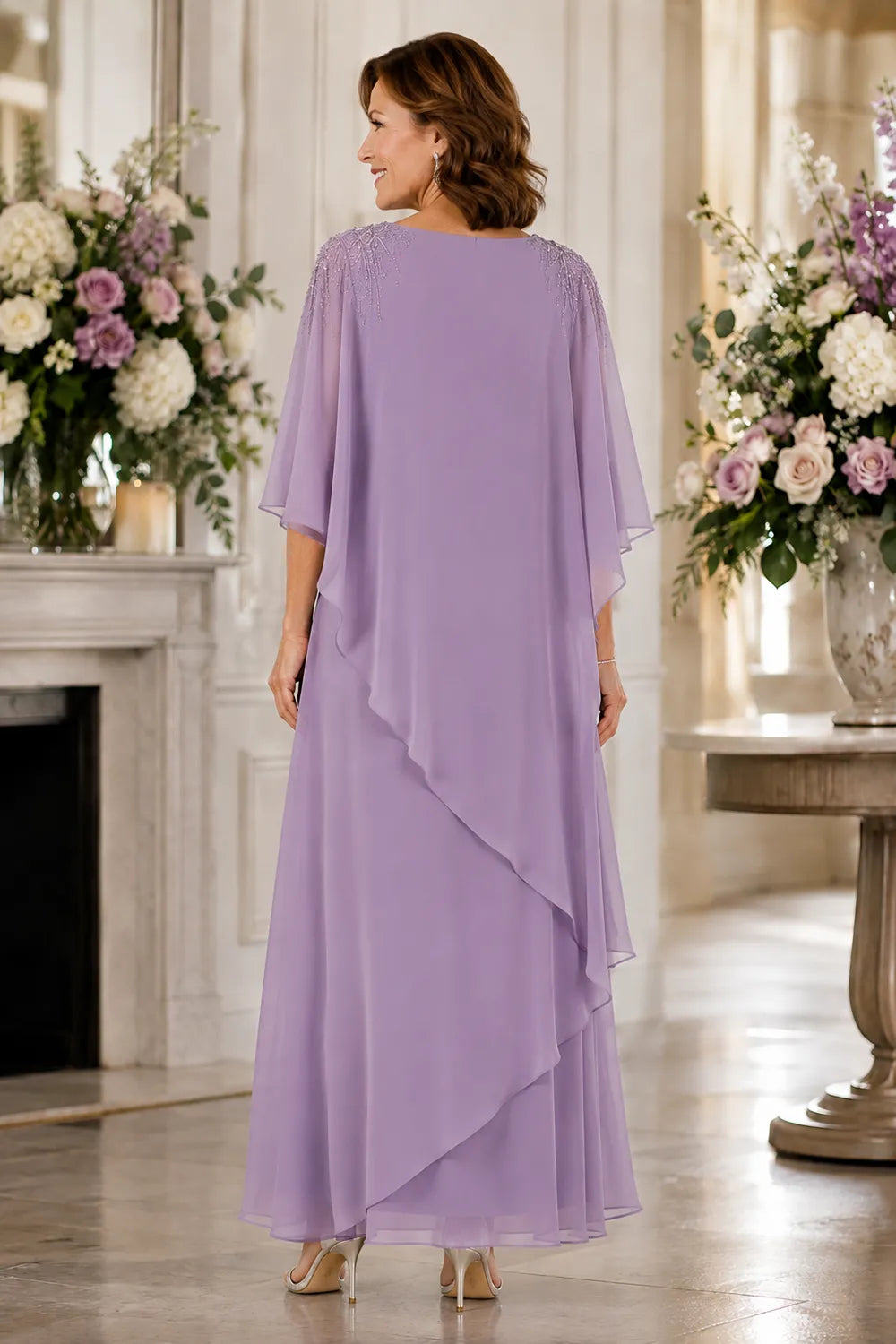 Beaded Shoulder Cape Sleeve Formal Gown