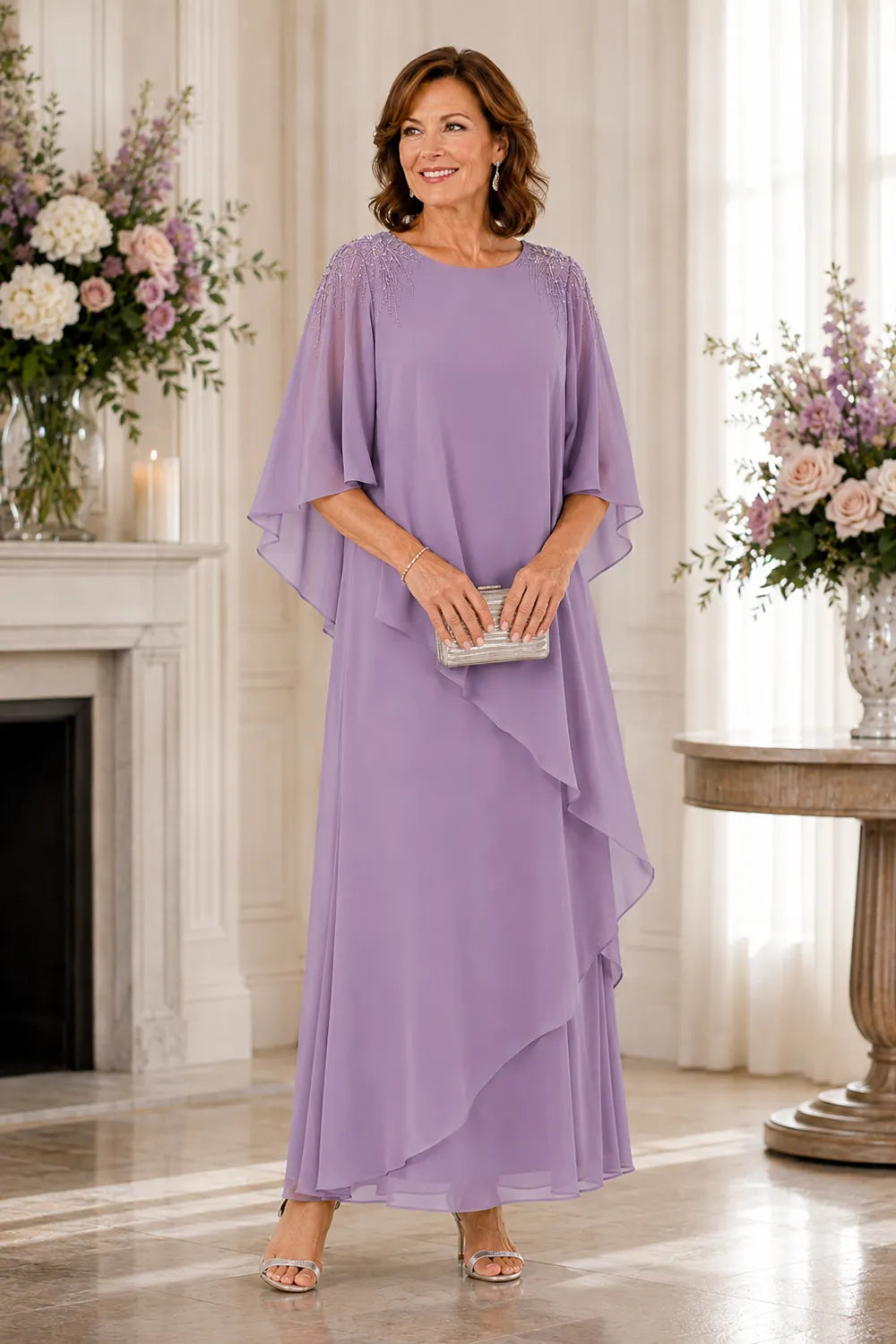 Beaded Shoulder Cape Sleeve Formal Gown