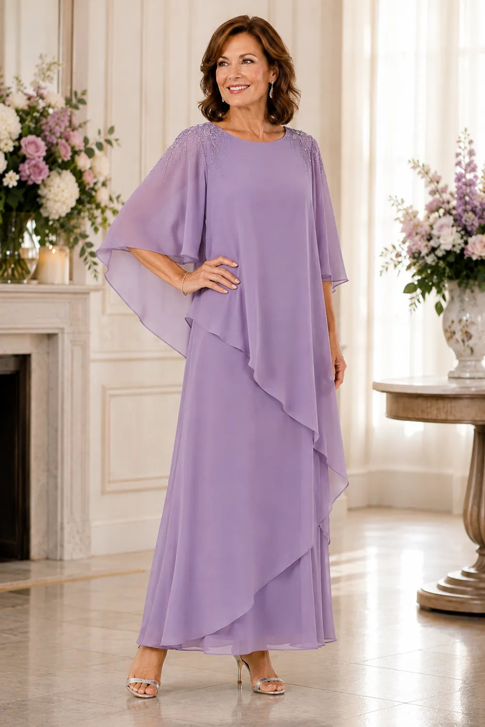 Beaded Shoulder Cape Sleeve Formal Gown