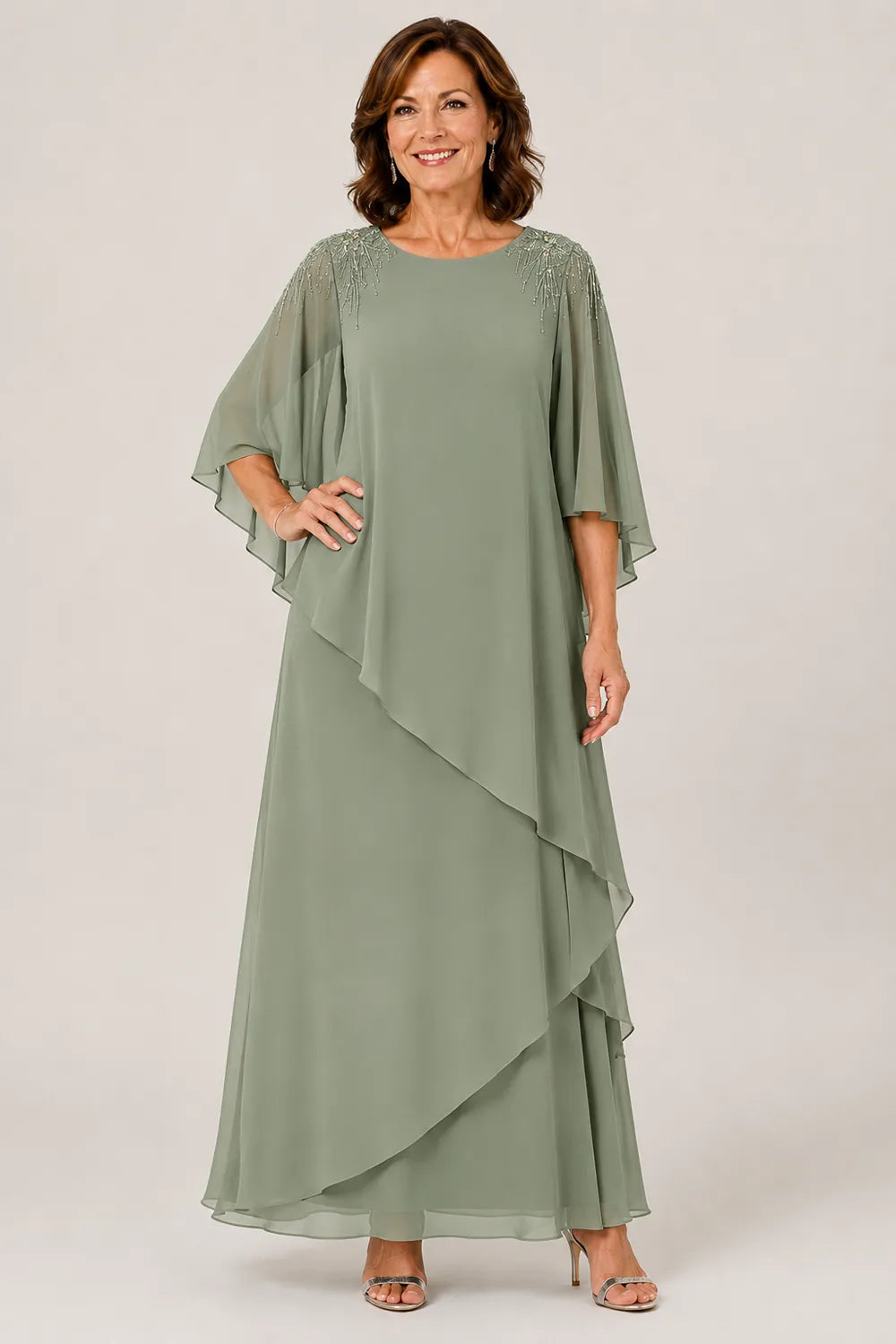 Beaded Shoulder Cape Sleeve Formal Gown