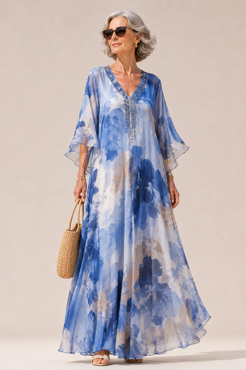 Elegant Floral Chiffon Maxi Dress