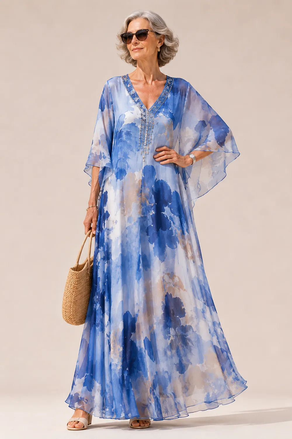 Elegant Floral Chiffon Maxi Dress