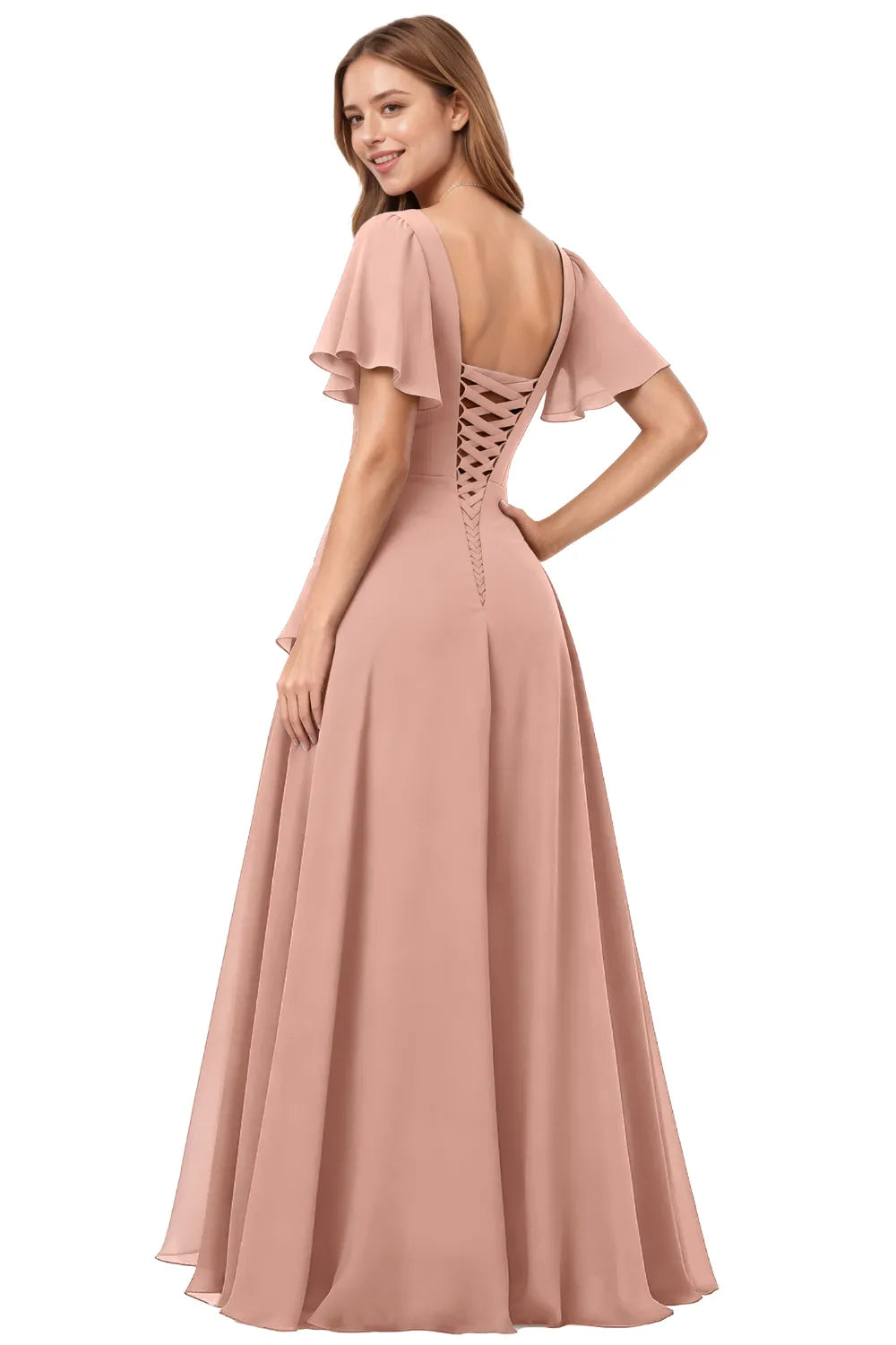 Elegant Lace-Up Back Chiffon Bridesmaid Dress