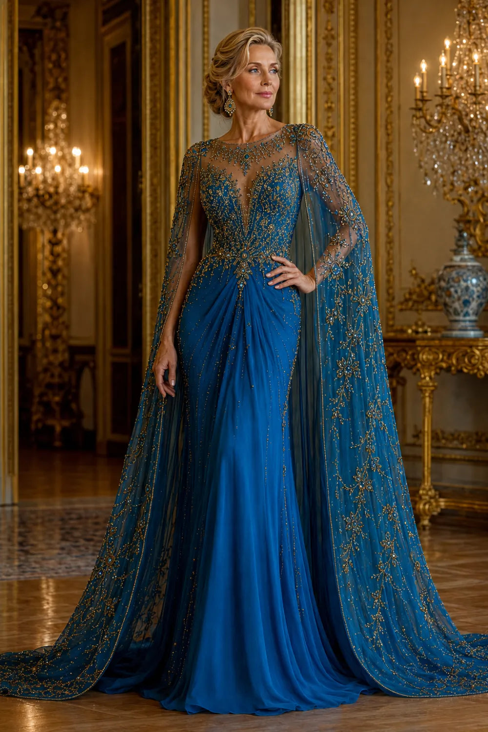 Royal Blue Evening Gown with Cape and Gold Beading