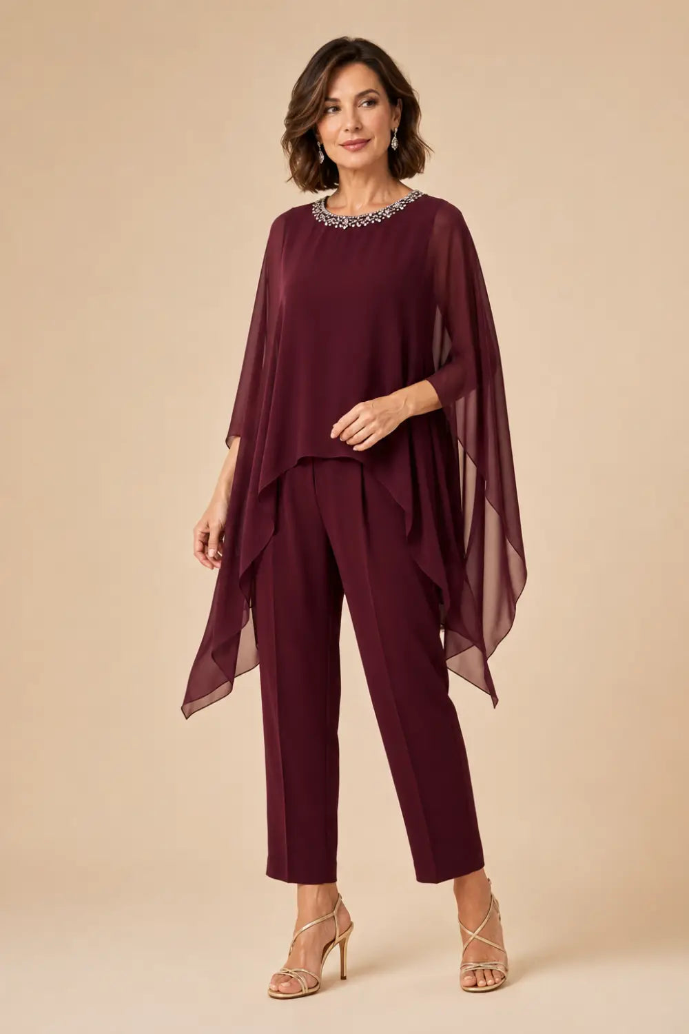 Beaded Chiffon Asymmetric Capelet Pant Suit