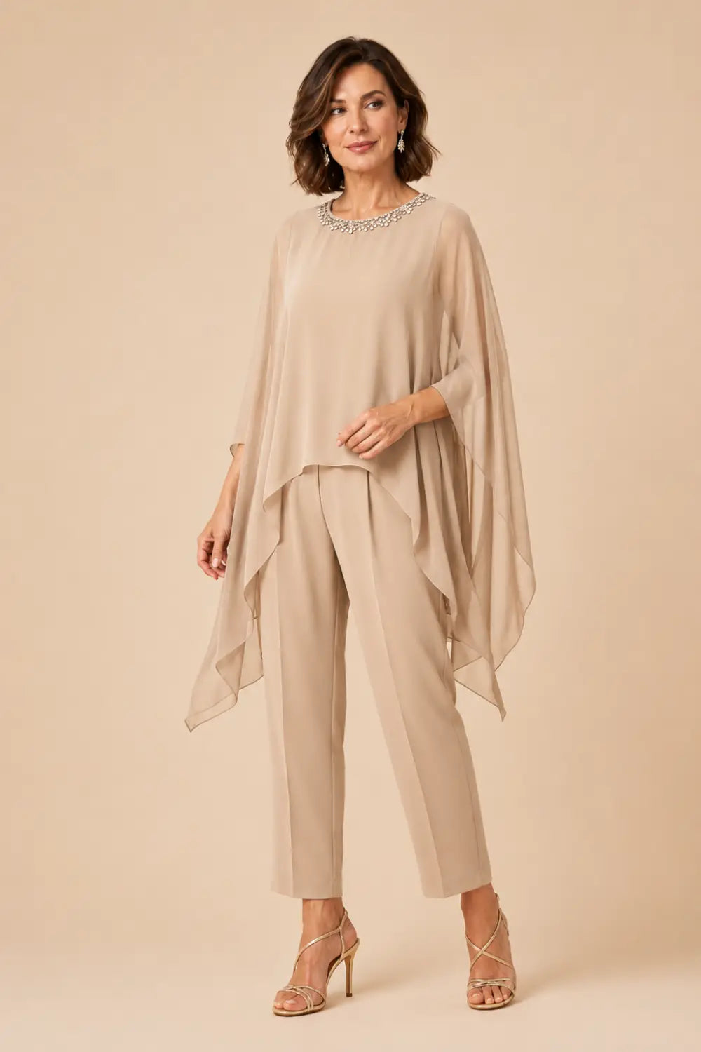 Beaded Chiffon Asymmetric Capelet Pant Suit