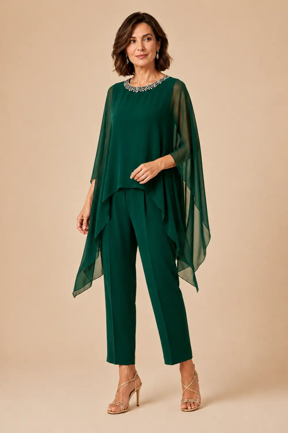 Beaded Chiffon Asymmetric Capelet Pant Suit