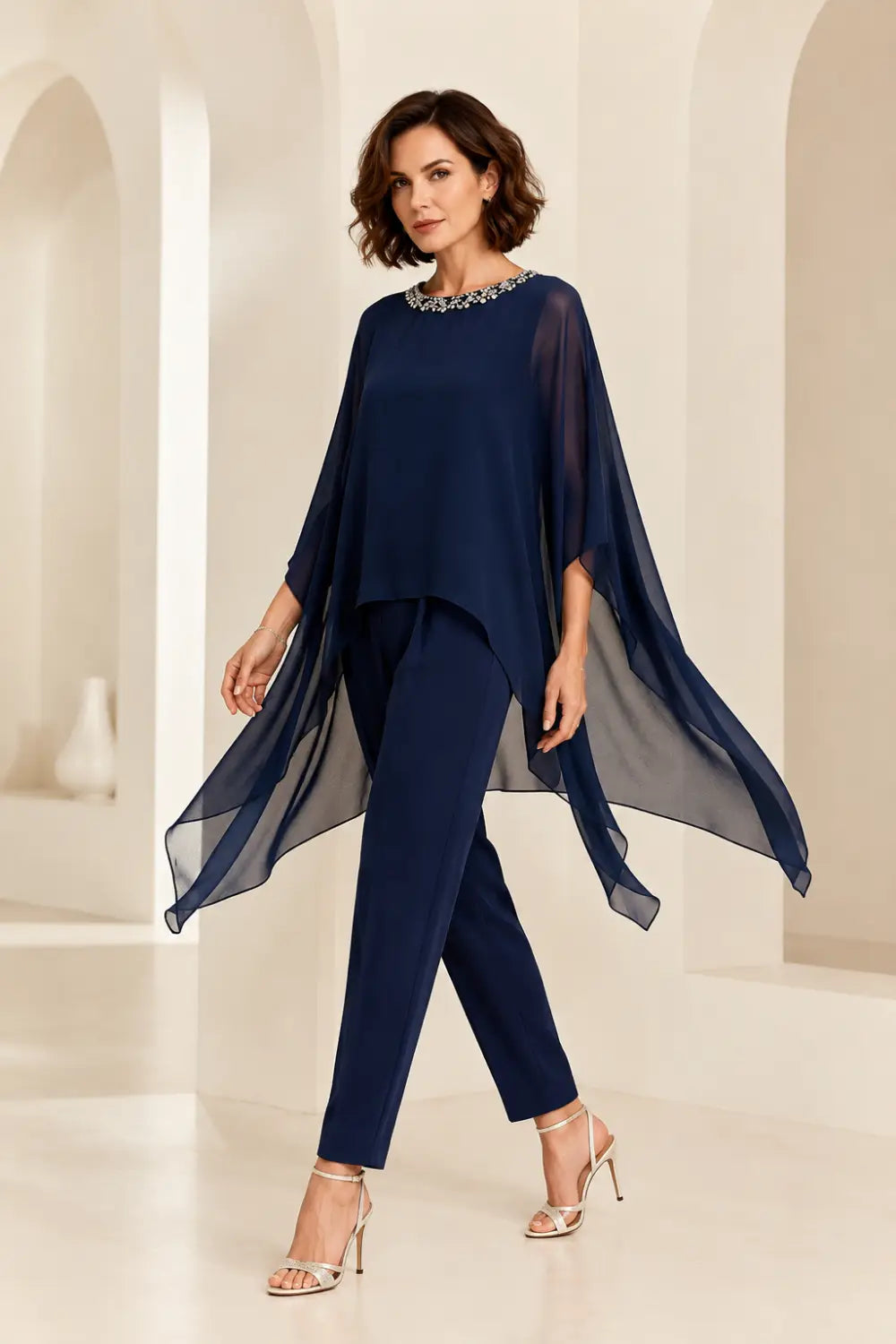 Beaded Chiffon Asymmetric Capelet Pant Suit