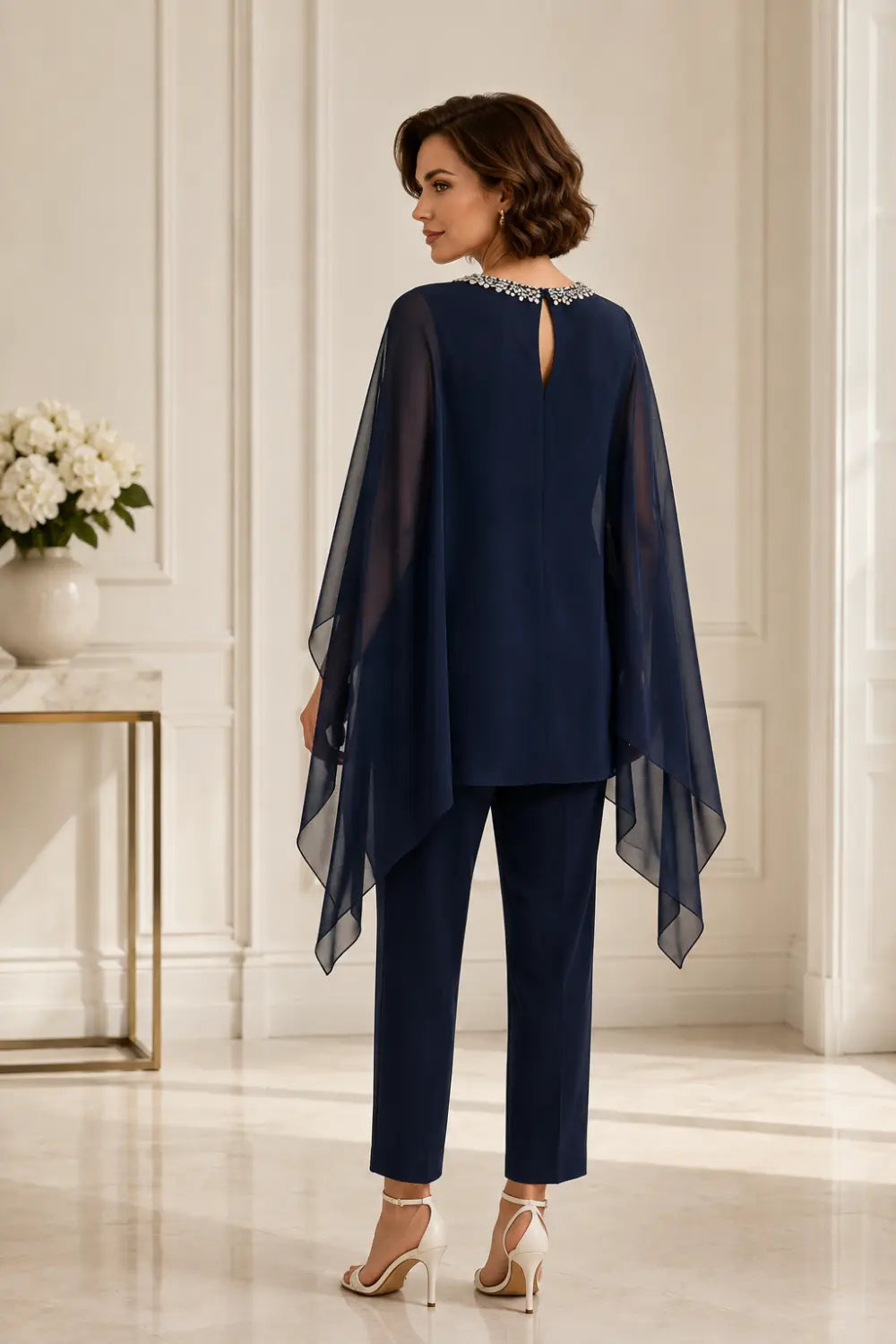 Beaded Chiffon Asymmetric Capelet Pant Suit