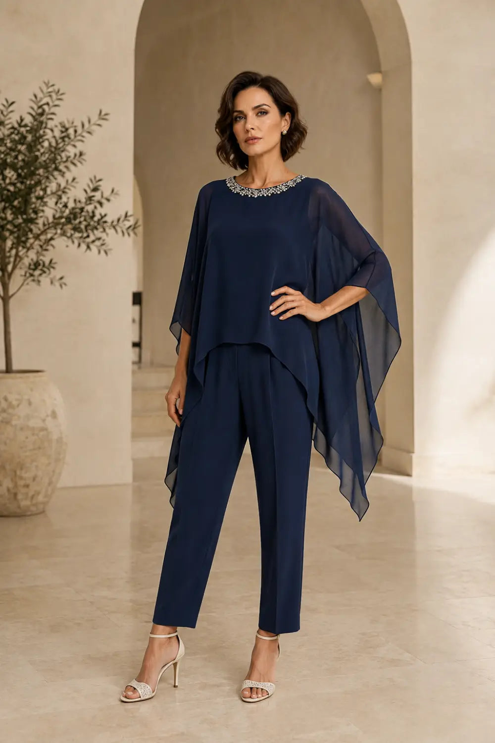 Beaded Chiffon Asymmetric Capelet Pant Suit
