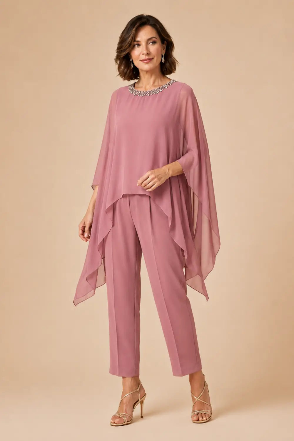 Beaded Chiffon Asymmetric Capelet Pant Suit